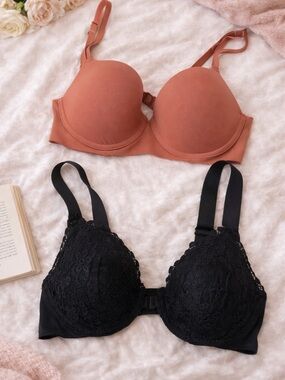 2 Bra Bundle Size 36C Adrienne Vittadini Salmon T-Shirt Bra + Black Lace Bra